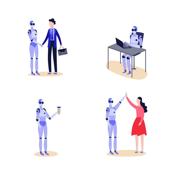Cartoon robot set - futuristic cyborg giving handshake, working and studying — Stock Vector