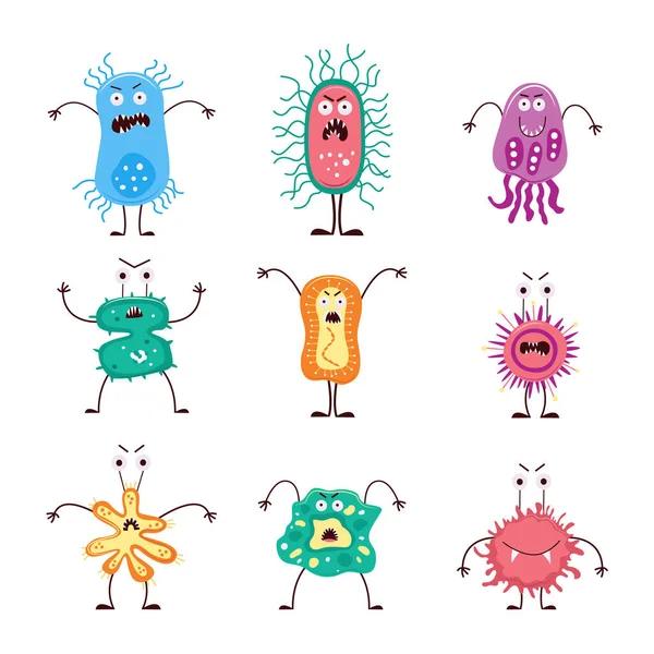 Conjunto de bacterias de dibujos animados - coloridas criaturas virus enojado con caras divertidas — Vector de stock