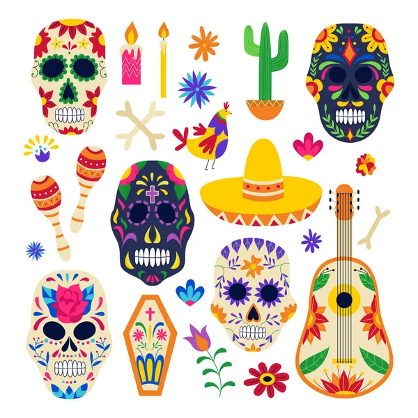 Day of the dead symbol set - painted sugar skull, sombrero, floral ornaments — Stock Vector