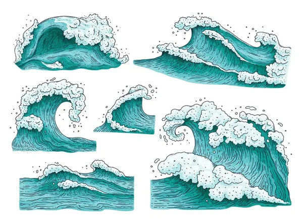 Ensemble d'illustrations vectorielles dessinées à la main des vagues d'eau de mer. — Image vectorielle