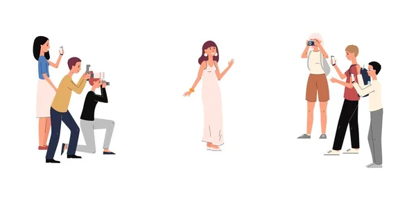 Cartoon διασημότητα γυναίκα σε πολυτελές φόρεμα ποζάρουν για την κάμερα παπαράτσι — Διανυσματικό Αρχείο