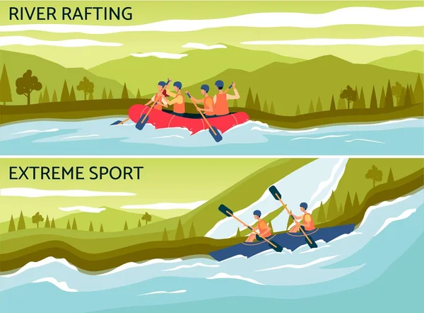 Río rafting - banner de deportes acuáticos extremos con gente de dibujos animados en barco balsa — Vector de stock