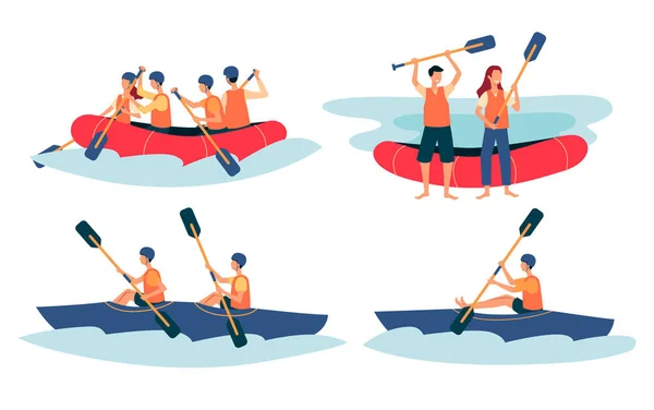 Un conjunto de rafting fluvial con gente en cascos y botes con remo. — Vector de stock