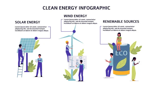 Schone energie infographic set met mensen karakters platte vector illustratie. — Stockvector