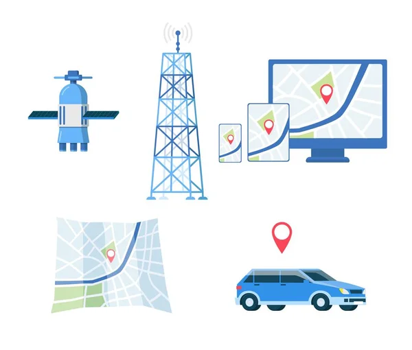 GPS-set- of wegnavigatoren satellietsysteem platte vectorillustratie geïsoleerd. — Stockvector