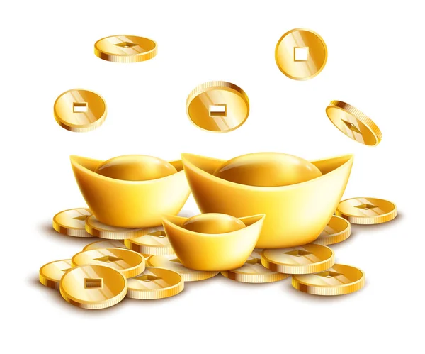 Lingotes de oro chino y monedas de oro que caen aisladas sobre fondo blanco. — Vector de stock