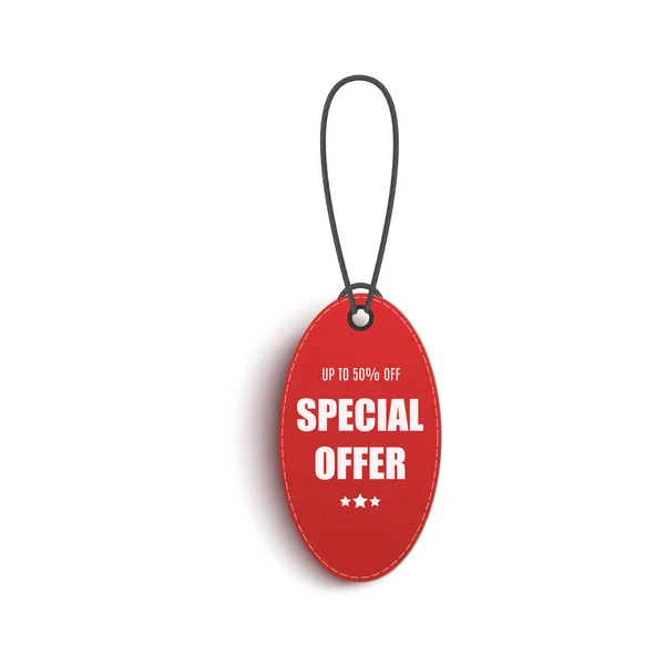 Oferta especial - hasta un 50% de descuento - precio realista de la ropa roja con forma ovalada — Vector de stock