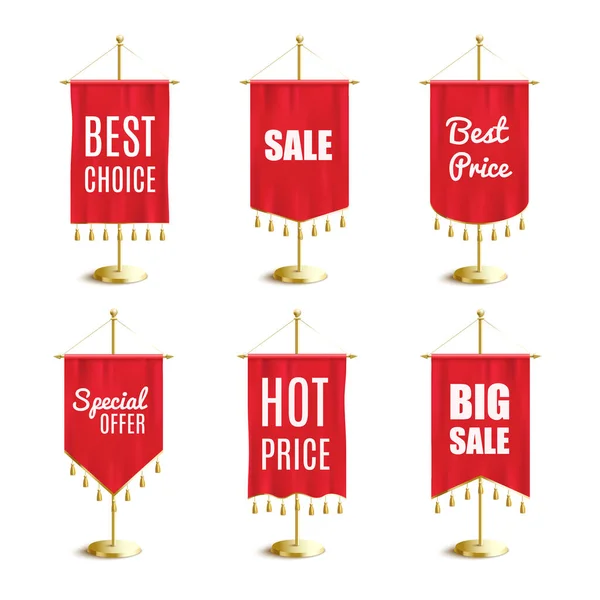 Red pennant banner set with hot sale and special offer marketing text — Stock Vector