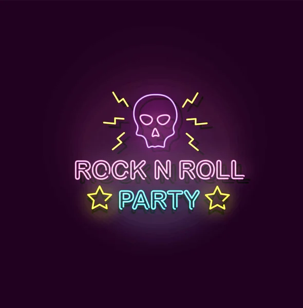 Rock and Roll Party néon lumières bannière vecteur illustration réaliste isolé. — Image vectorielle