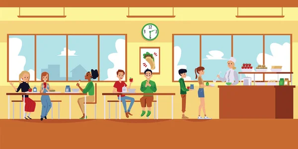 School cafetaria interieur met cartoon kinderen eten eten en lunch dame gieten soepPrint — Stockvector