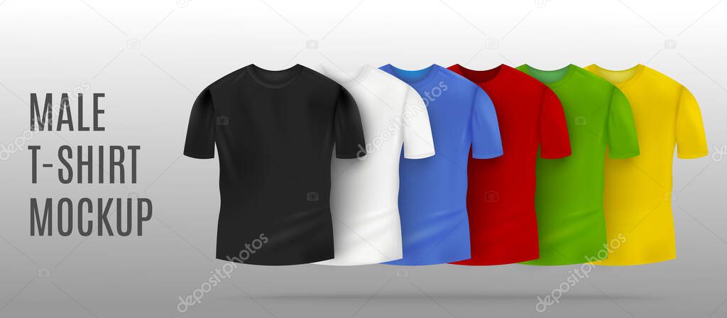 Download Realistic Colorful Male T Shirt Mockup Set In Black And White Red And Blue Green And Yellow Colors With Blank Copy Space For Company Logo Vector Illustration Premium Vector In Adobe Illustrator