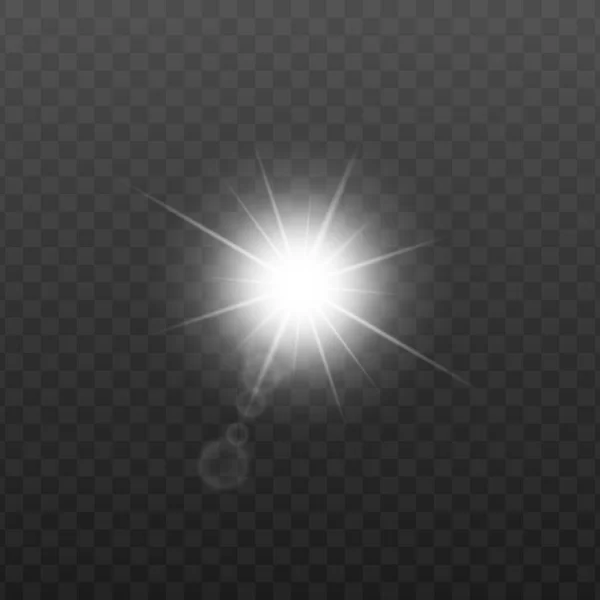 Ljus vit sol eller stjärnljus med realistiska lins utflytning isolerad på mörk bakgrund. — Stock vektor