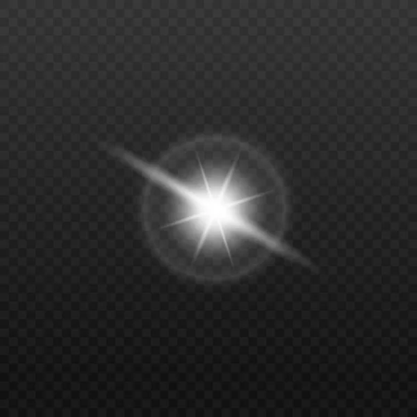 Yuvarlak merceğin içindeki gerçekçi beyaz ışık yıldızı koyu şeffaf arkaplanda izole edilmiş. — Stok Vektör