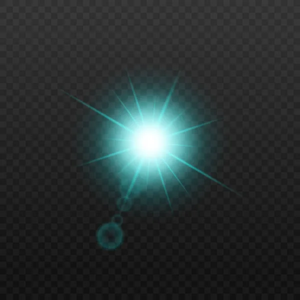 Isolated green star flash with lens flare isolated on dark background — Stock Vector