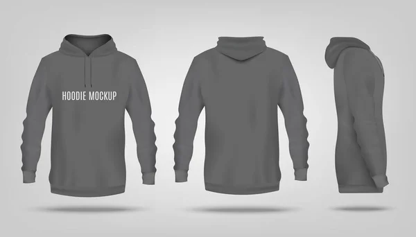 Realistic grey hoodie mockup with text template from front, back and side view — Stock Vector