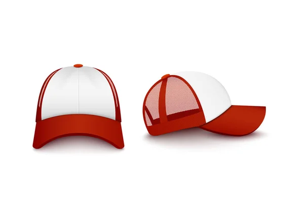 Kırmızı ve beyaz kapaklı beysbol şapkası ön ve yan görüntüden ayarlandı — Stok Vektör