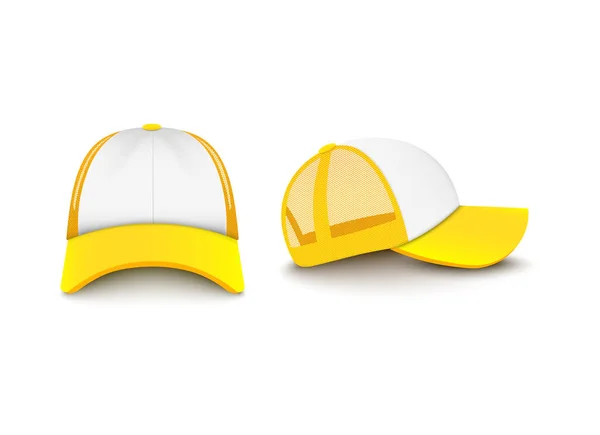 Béisbol amarillo gorra del camionero maqueta de vista frontal y lateral — Archivo Imágenes Vectoriales