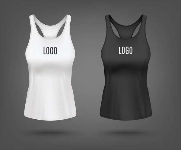 Realistické bílé a černé tank top mokup set - moderní design sportovní košile — Stockový vektor