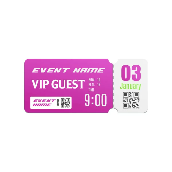 Pink event admission ticket mockup with VIP guest label and time stamp — Stock Vector