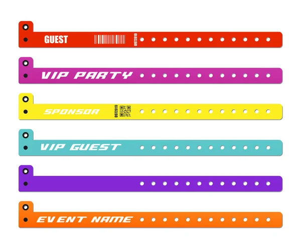 Colorful VIP admission wristband mockup set with event and sponsor name template — Stock Vector