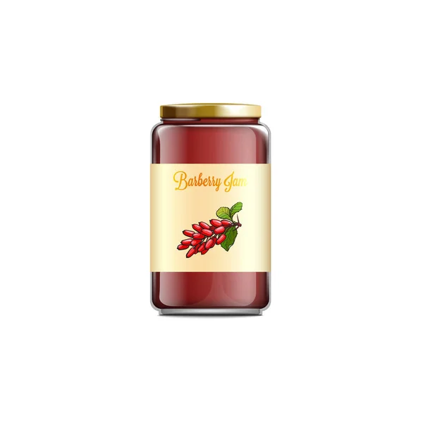 Red barberry jam in realistic glass jar - isolated mockup on white background. — Stock Vector