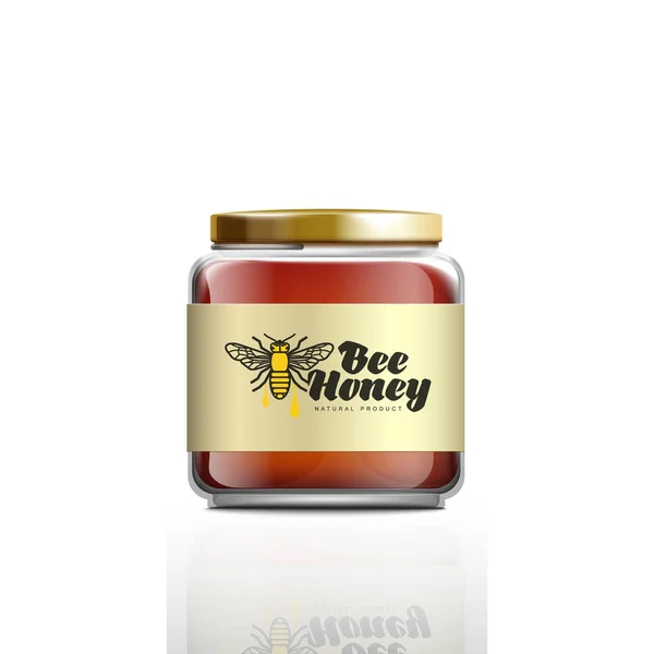 Pequeño frasco de miel de abeja natural - maqueta realista con etiqueta de logotipo — Vector de stock