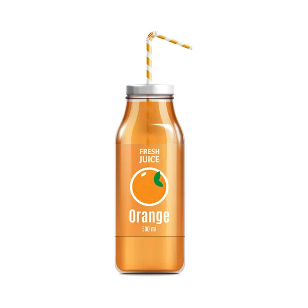 Glass orange juice labeled bottle realistic vector illustration mockup isolated. — Stock Vector