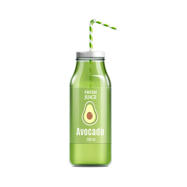 Vers avocado sap fles met etiket en groen stro realistische vector illustratie mockup geïsoleerd. — Stockvector