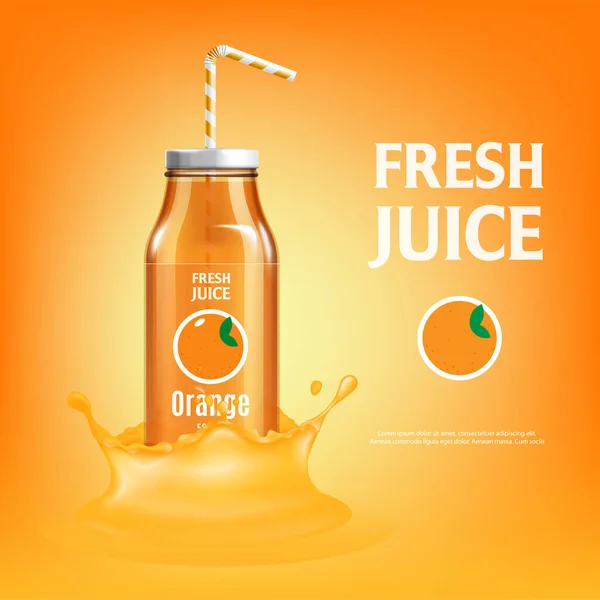 Cartel publicitario de zumo de naranja con botella de vidrio realista con paja rayada — Vector de stock