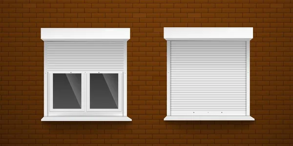 Białe zewnętrzne rolety okienne na zewnętrznej ścianie z cegły - dwa realistyczne okna — Wektor stockowy