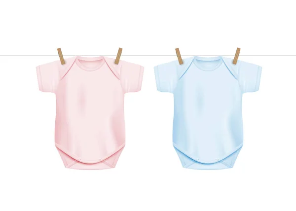 Camisas recém-nascidas onesie bebê pendurado na corda de secagem com pegs de roupas de madeira —  Vetores de Stock