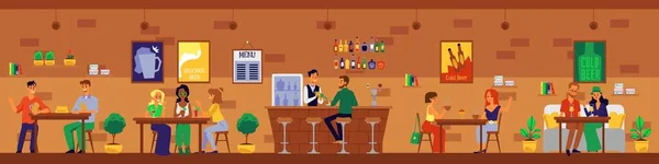 Мультфильм людей, беседующих в кафе - современный бар внутренняя панорама — стоковый вектор
