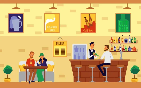 Rajzfilm pár iszogatnak a kávézóban - modern bár belső banner — Stock Vector