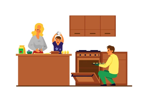 キッチンで一緒に幸せな家族のベーキングクッキー。母と父と息子 — ストックベクタ