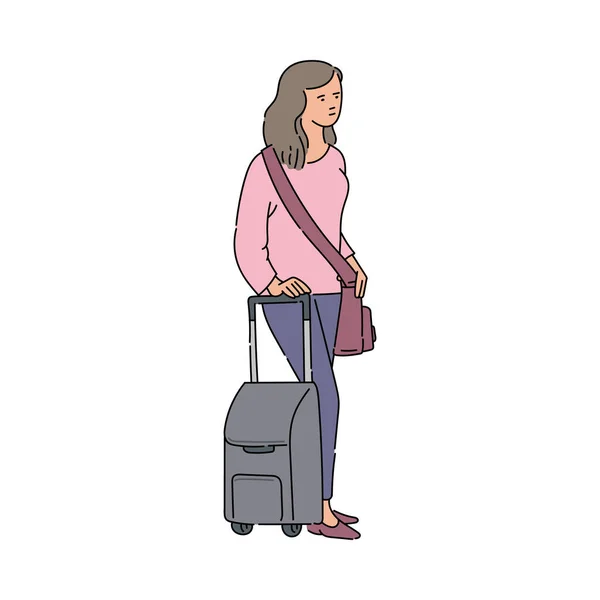 여행 가방을 들고 서 있는 카툰 여성과 심각하게 지친 얼굴 — 스톡 벡터