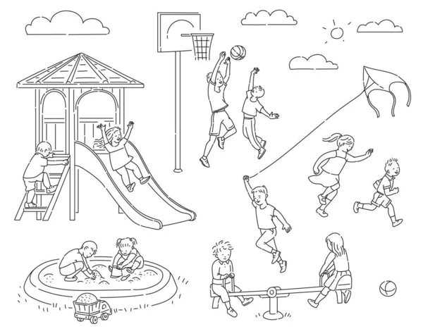 Niños patio para colorear página del libro - niños de dibujos animados corriendo y jugando — Vector de stock