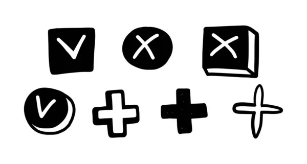 Μαύρο σήμα ελέγχου, σταυρό, συν και το σύνολο συμβόλων τσιμπούρι - διανυσματική απεικόνιση — Διανυσματικό Αρχείο