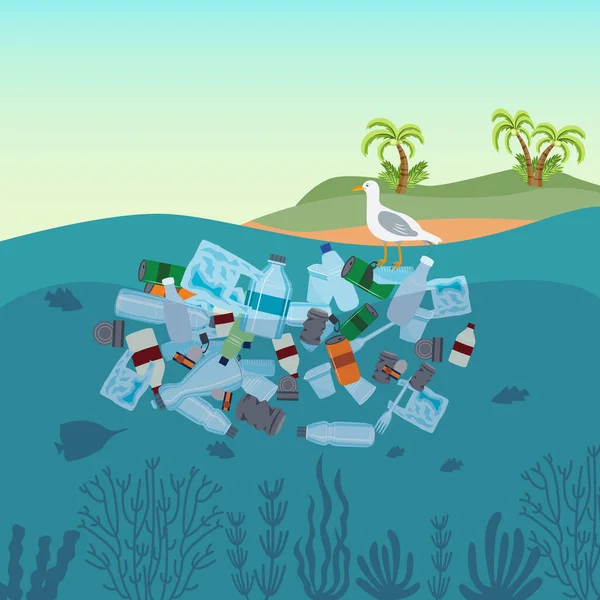 Contaminación del agua del mar - botellas y bolsas de plástico y otras basuras flotantes — Vector de stock