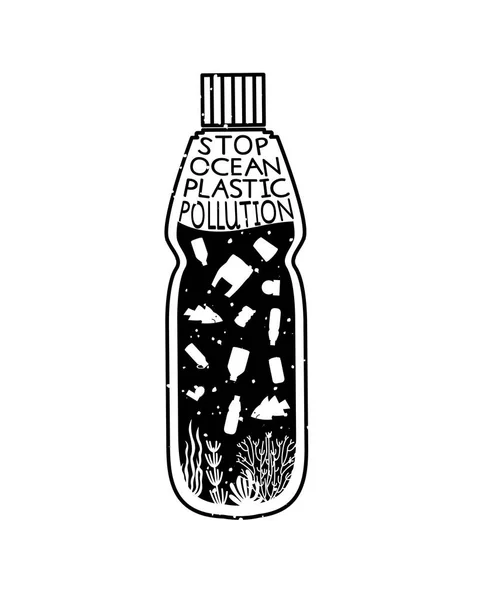 Letteren en eco doodle met offerte Stop oceaanplastic vervuiling. — Stockvector