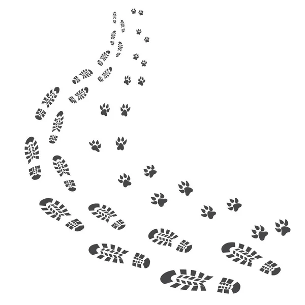 Huellas de las huellas de botas humanas y patas de animales de un perro. — Vector de stock