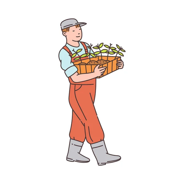 Gärtner Mann hält hölzernes Beet mit grünen Pflanzen — Stockvektor