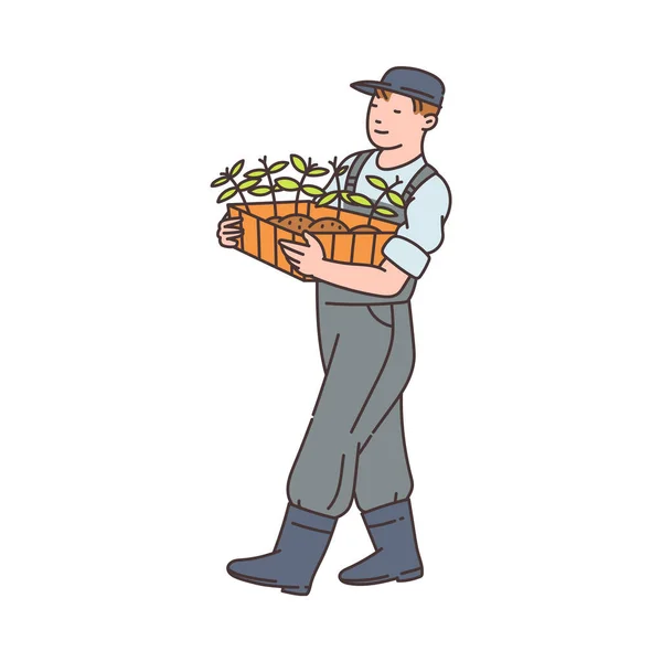 Invernadero o trabajador agrícola que sostiene ilustración vectorial de bocetos de cosecha aislado. — Vector de stock
