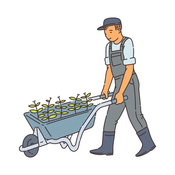 Granjero caminando con carretilla de metal con plantas verdes — Vector de stock