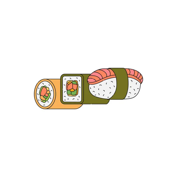 Ícone de rolos de sushi japonês no estilo esboço desenho animado ilustração vetorial isolado . —  Vetores de Stock