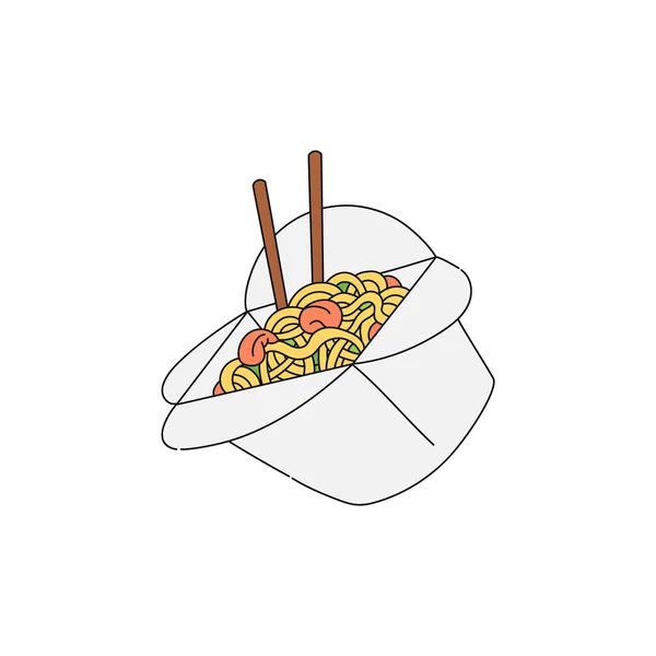 Noedels in fast food karton container cartoon vector illustratie geïsoleerd. — Stockvector