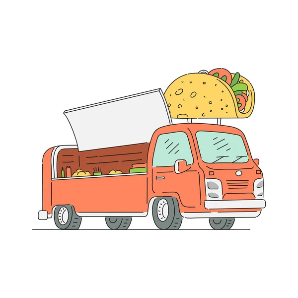 Taco food truck - pomarańczowy otwarte i puste uliczne jedzenie dostawcze van — Wektor stockowy