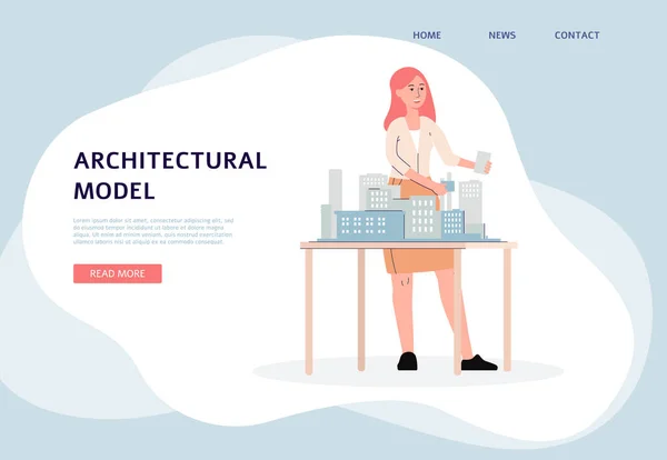 Banner de modelo arquitectónico - mujer arquitecta de dibujos animados con plan complejo de construcción. — Archivo Imágenes Vectoriales
