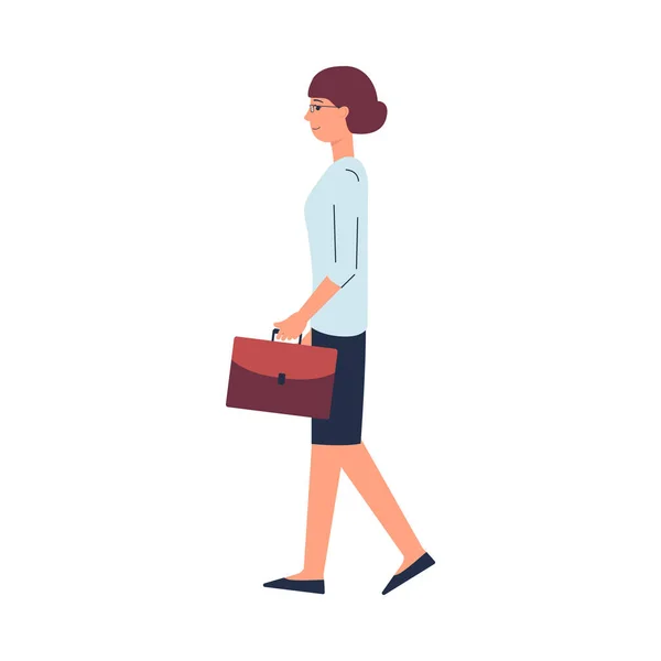 Cartoon üzletasszony séta bőrönd elszigetelt fehér háttér — Stock Vector