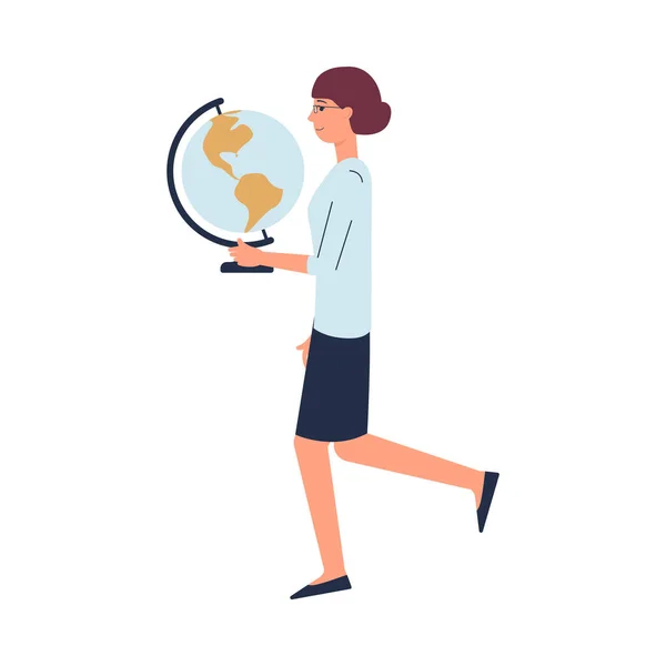 Vrouw school leraar karakter holding globe, platte vector illustratie geïsoleerd. — Stockvector
