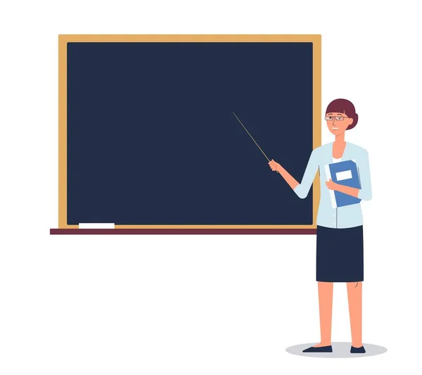 Cartoon female teacher standing by school chalkboard — Stock Vector